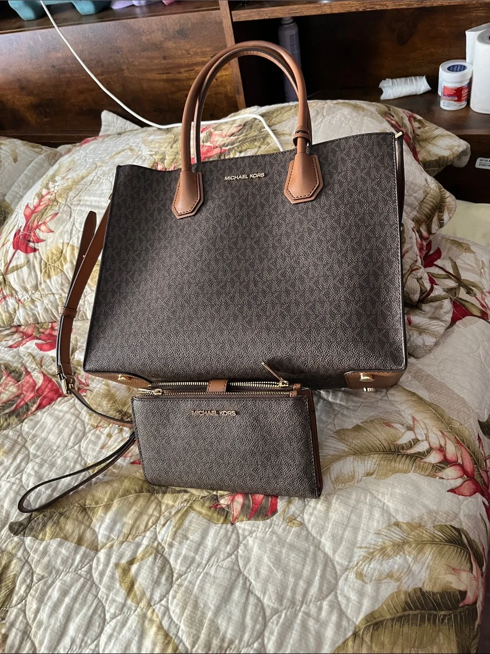 Michael Kors Dark Brown Signature Tote with Matching Wristlet